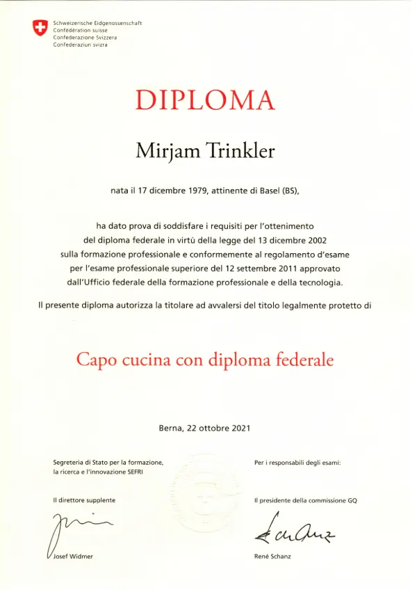 Capo cucina con diploma federale / Chef di cucina con diploma federale Capo cucina con diploma federale / Chef di cucina con diploma federale