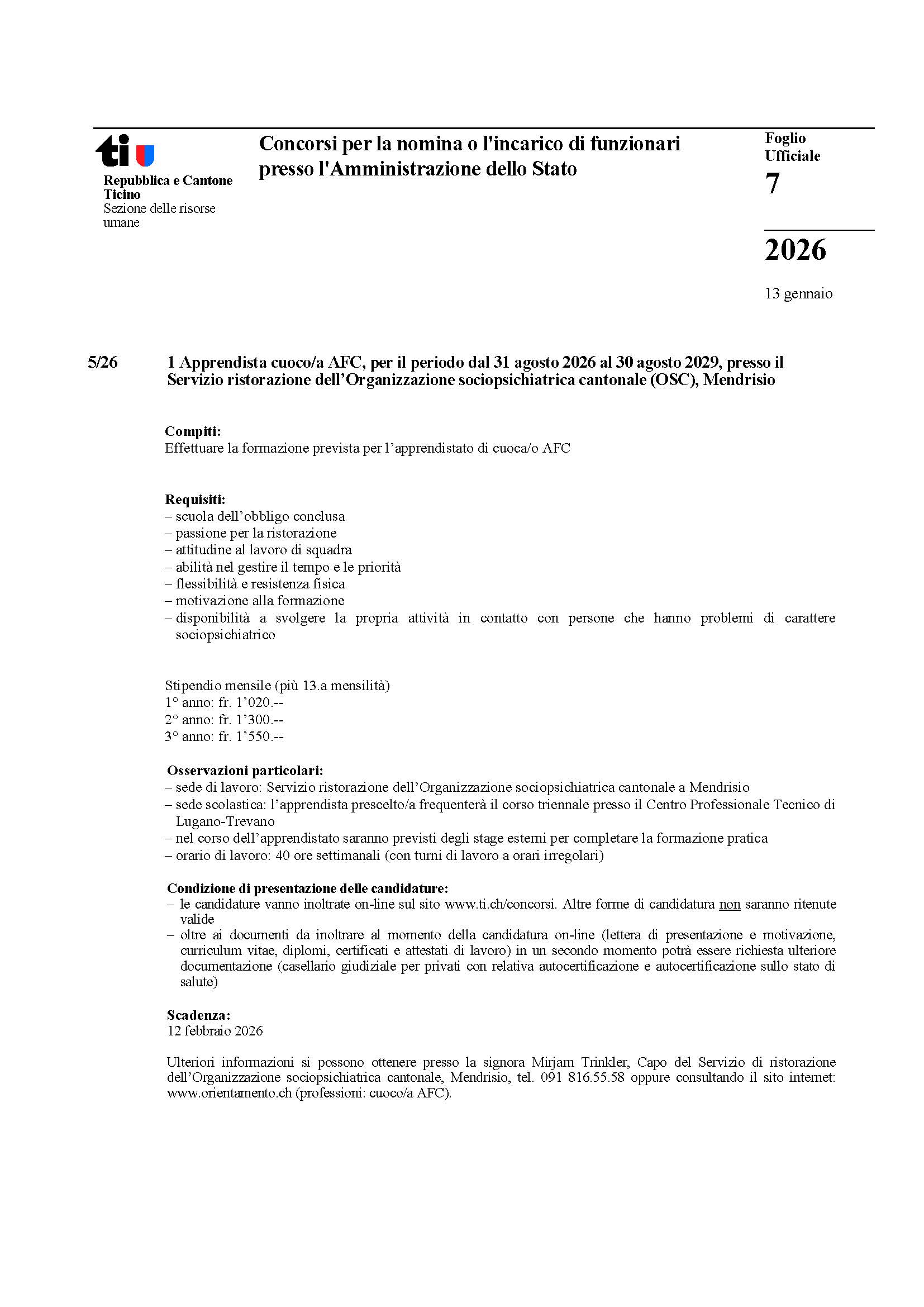 bando di concorso OSC per apprendista cuoco AFC 2026